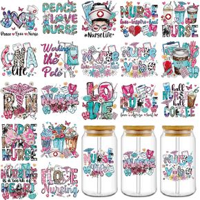 UV DTF Cup Wrap Transfer Stickers: 20 PCS Nurse Words تحفيزية الكلمات UV DTF Cup لفات للزجاج 16 أوقية ، رسائل كرتونية لطيفة UVDTF ، فرك ملهمة على التحويلات ، هدايا CRAFT DIY للممرضات in Kuwait
