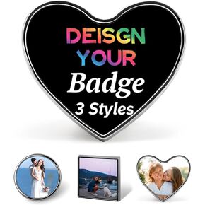 Custom Badges with Your Own Photo/Text/Logo, Personalized Metal Badge ID Tag with Pin, Funny Gifts for Couples, Friends, Clothing Accessories, 3 Styles