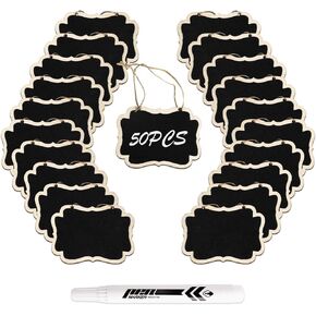 50pcs Mini Chalkboard Signs, DSIOHFEI 3.35 x 2.36 inch Double Sided Hanging Chalkboard Sign with Marker, Message Board, Decanter Basket Labels, Wooden Food Signs for Party, Wedding, Table Numbers