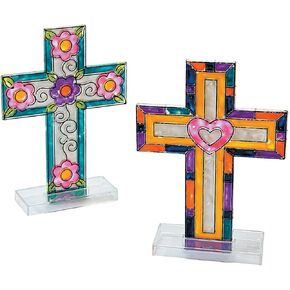 4 1/4" x 5 7/8" Cross-Shaped Plastic Suncatchers with Stand - 12 Pieces - Great Craft for Church and Sunday School