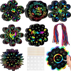 Hungdao 60 PCS الزهور بطاقات خدش Rainbow Summer Summer Paper for Kids Rainbow Flower Crafts مع قلم الخيزران والشريط لمدرسة الفصل الدراسي DIY (زهرة)