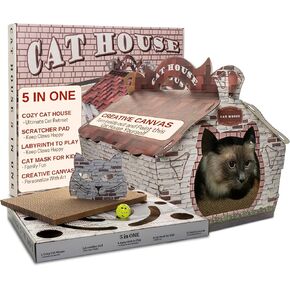 Cat House Cardboard - 5 in 1 Cozy Indoor Cat House with Pad Scratcher - Playhouse for Kittens - with Cat Maze & Cat Face Mask for Kids