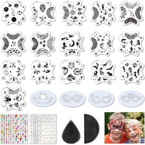 أوبير 16pcs مقبولة الطلاء الوجه القابلة لإعادة الاستخدام و 4 قوالب القناع الوجه ، 2 صفائح الأحجار الكريمة من ملصقات الماس الزخرفية الحرف وإسفنجات اللوحة على الوجه للبالغين.