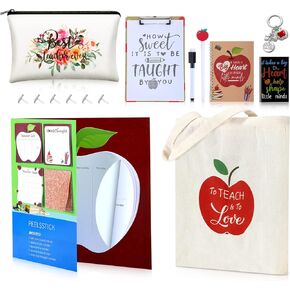 Spiareal 19 PCS عيد الميلاد تقدير المعلم الهدية للنساء بما في ذلك حقيبة مستحضرات التجميل ، حقائب حمل ، وسادات الكتابة ، الأقلام على شكل تفاح ، ملاحظات لاصقة ، سلسلة مفاتيح ، دفع ، قلم العلامات من الطلاب