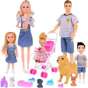 PlaySet Dollhouse Dolls مع عربة الأطفال - 6 أشخاص ، حيوانات أليفة وإكسسوارات تتراوح أعمارهم بين 3-12 سنة | هدية طفل مع أمي حامل ، أبي ، 3 أطفال ، كلاب ، ولعب تفاعلي