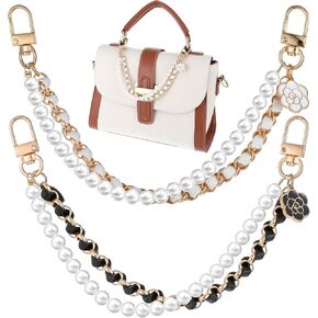 Wanmu 2 PCS Pearl Purse Chain Extender ، سحر حقيبة 10 بوصات ، أحزمة حقيبة يد ، أكياس كتف زهرة كتف لطيفة ، مقبض قصير ، إكسسوارات سحر للنساء (الأسود والذهبي)