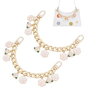 PH PandaHall Golden Purse Extender, 2pcs 4.2 Inch Short Bag Strap Alloy Bag Chain Strap with Pink Enamel Flower Pendant Replacement Handle Bag Chain Straps Charms for Women Crossbody Shoulder Bag