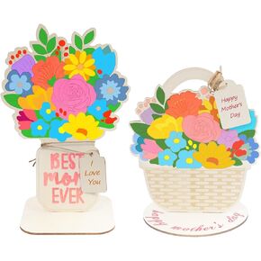 ybb 2 pack اطلاع بطاقة Wooden Card Happy Mother's Day ، بطاقة تحية باقة زهرة DIY مع حامل ، وقامات فارغة بطاقة ملء ملء ألوان Mom GIFTS - Style 2