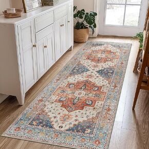 8X10 Area Rugs Machine Washable Runner Rugs for Living Room Bedroom Hallway, Non Slip Indoor Soft Accent Distressed Boho Vintage Print Lightweight Thin Low Pile Carpet, Deep
