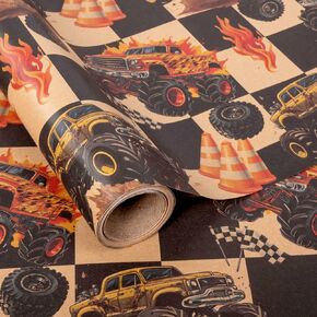 ALTARHO MONSTER TRACK KRAFT WARP FARD FOR BOYS BOYS Black Buffalo Plaid Glaid Gift Wart With Racing Car for Birthday Party Party Baby Supplication Total 28.5sq.ft