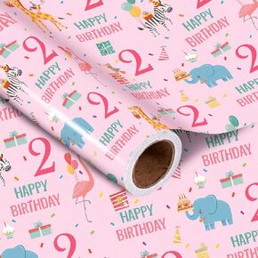 LeZakaa 1st Birthday Wrapping Paper Roll - Pink Happy Birthday with Cute Animal Design for Age1 Baby Girl, Party, Baby Shower - Mini Roll - 17 inches x 16.4 Feet (23.2 sq.ft.)