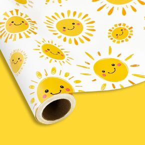 Jarthenaamcs Sun Smile Smile Wabs Duff Paper -Mini Roll- 17in × 32.8 قدمًا رحلة أول حول ورق Sun Glack Wrap Paper الأصفر المطبوع من أشعة الشمس المصنوعة