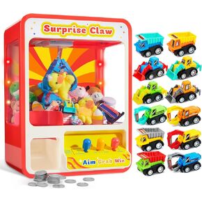 آلة Joyin Claw مع 12 PCS سيارات سحب للخلف للأطفال ، لعبة Claw Machine Arcade مع ضوء LED والصوت القابل للتعديل ، مركبة هندسة البناء الصغيرة للأطفال الصغار