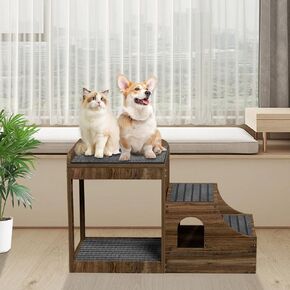 Pet Window Perch with Stairs, Multi-Level Bunk Bed for Dogs and Cats, Elevated Pet Bed Couch, Wood Dog Stairs with Non-Slip Platform, Indoor Use for Large/Medium/Small Size Pets, Brown