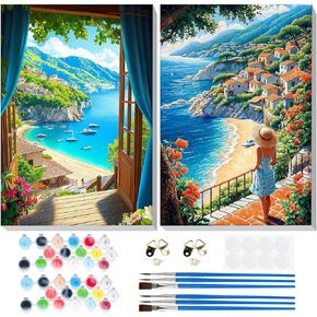 Bowetile 2 Pack Landscape Paint بأرقام للمبتدئين للمبتدئين ، وأطقم الطلاء من البالغين على الشاطئ ، وطلاء البالغين السهل على مجموعات الأرقام على القماش ، ورسم أرقام الأكريليك للديكور المنزلي ، 8x12in