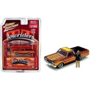 1965 Chevy el Camino Lowrider Red Metallic with Orange Graphics and Red Idterior and Diecast Figure Limited Edition to 3600 Volly 1/64 Diecast Model Car by Johnny Lightning JLCP7460