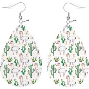 Zokola Llama Leather Earring Teardrop, Cartoon Animal Alpaca Lama Cactus Flowers Double-Sided Dangle Earrings Lightweight Leaf Earrings Making Supplies Jewelry
