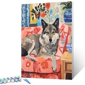 Wolf Wilf Animal يجلس على أريكة الطلاء بأرقام مجموعات 16 × 20 بوصة لوحة زيت DIY للأطفال ، والطلاب ، والبالغين المبتدئين مع فرش الصباغات أكريليك ملونة على الطراز الرجعية (إطار DIY)