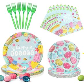 96 PCS Easter Plates and Fedical Distably Farame Farame for 24 ضيفًا ، تشمل أدوات المائدة الورقية 9 "لوحات عشاء ، 7" لوحات حلوى ، مناديل ، فوركس لحفل Easter Spring (Egg) (Egg)
