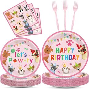 200pcs عيد ميلاد الكلب ديكورات حفلة الورق الوردي الجرو الوردي والمناديل التي يمكن التخلص منها Pet Party Tableware Supplies For Girl Lets Pawty Paw Print Party Favors 50 ضيوف