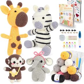 مجموعة Coopay Crochet Kit for Beginners Kids Adults-Elephant ، Monkey ، Giraffe & Zebra ، COMPLICE CROCHET Set Kit DIY Kit ، 4-in-1 Crochet Animal Kit مع دروس تعليمية خطوة بخطوة