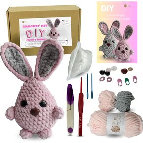 DIY Crochet Kit Funny Brunny Crochet Kits Rabbit Craft Toys Kits مع إكسسوارات خيوط الفخمة المصنوعة يدويًا (وردي)