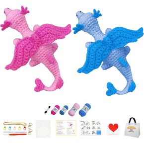 طقم الكروشيه الكامل Lunuafvvy للمبتدئين البالغين والأطفال-اصنع 2 من حيوانات Dragon Amigurumi ، وبداية الكل في واحد مع خيوط وخطافات مقاس مسبقًا ، تعليمي فيديو خطوة بخطوة ، هدية لمحبي الحرفية