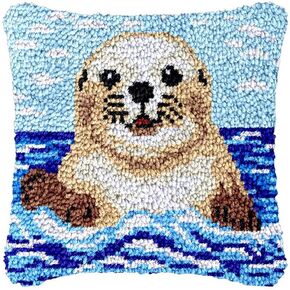 Seal Ocean Animal Latch Hook Pillowcase Kits for Adults and Starter DIY Cushion Latch Hooking Make Rug Kits with Preprinted Canvas Crochet Yarn Kits Needlework Crafts 17'' X 17''