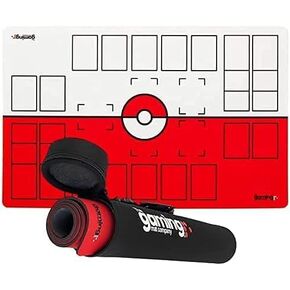 The Gaming Mat Company 2 Player Compatible Pokemon Playmat with Carry Case- 28" x 18" x 0.16" Red & White Battle Mat Stadium Board for Pokemon TCG Playmat Pokemon Mat Game- 19.7" x 3.6 Carry Case Tube