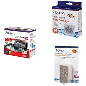 Aqueon QuietFlow 10 LED PRO Aquarium Fish Tank Power Filter, Replacement Filter Cartridges Medium - 3 Count QuietFlow LED PRO Ammonia Reducer 4 Count Filter Pads Bundle