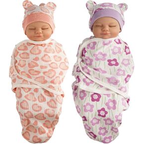 Babeside 2 مجموعات من بطانيات دمية طفل تولد من جديد مع قبعات من 17-24 بوصة babydolls ، وإكسسوارات دمية طفل تولد من جديد مجموعة دمى الطفل قماط لدمى الأطفال حديثي الولادة ، والوردي والأرجواني