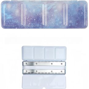 ANKOW 1PC Empty Watercolor Palette with Lid, Metal Tin Box for Watercolor Acrylic Oil DIY Travel Art Supplies, Half Pans with Fold-Out Palette, Large Mixing Area (Large) (Star Blue)