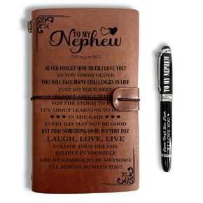 To My Nephew Leather Journal, Engraved Gift Pen, Roller Ballpen, Ballpoint Pen, Leather Notebook and Pen Gift for Nephew, 160 Pages Notebook, Graduation Back to School Birthday Christmas Gift