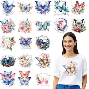 تحويلات DTF جاهزة للضغط - 20pcs الحديد الفراشة على التحويلات ل tshirts ، والفينيل ملهمة للزهور ، الحديد على ملصقات بقع الشارات لوسادة حقيبة الملابس DIY