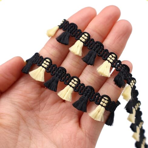 IDONGCAI Decorative Boho Tassel Fringe Trim Ribbon 10 Yards Lace Trim with Alternating Mini Tassels (Black) in Saudi Arabia