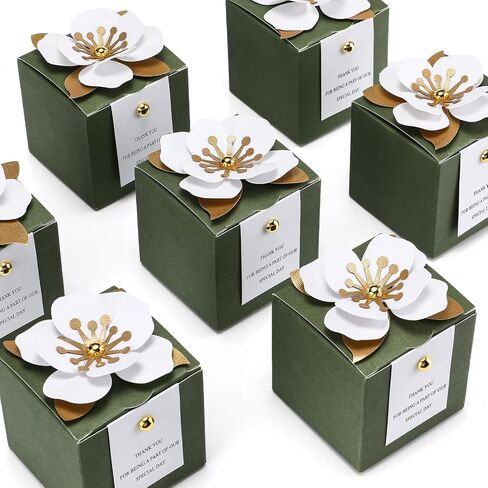 Affrolling 50 Pcs Wedding Favor Boxes with Thanks Card Square Flower Candy Boxes Paper Bridal Gift Box for Guests Wedding Bridal Shower Birthday Party Anniversary(Green) in Saudi Arabia