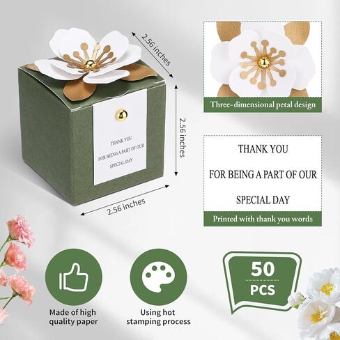 Affrolling 50 Pcs Wedding Favor Boxes with Thanks Card Square Flower Candy Boxes Paper Bridal Gift Box for Guests Wedding Bridal Shower Birthday Party Anniversary(Green) in Saudi Arabia