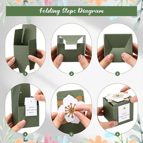 Affrolling 50 Pcs Wedding Favor Boxes with Thanks Card Square Flower Candy Boxes Paper Bridal Gift Box for Guests Wedding Bridal Shower Birthday Party Anniversary(Green) in Saudi Arabia