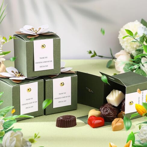 Affrolling 50 Pcs Wedding Favor Boxes with Thanks Card Square Flower Candy Boxes Paper Bridal Gift Box for Guests Wedding Bridal Shower Birthday Party Anniversary(Green) in Saudi Arabia