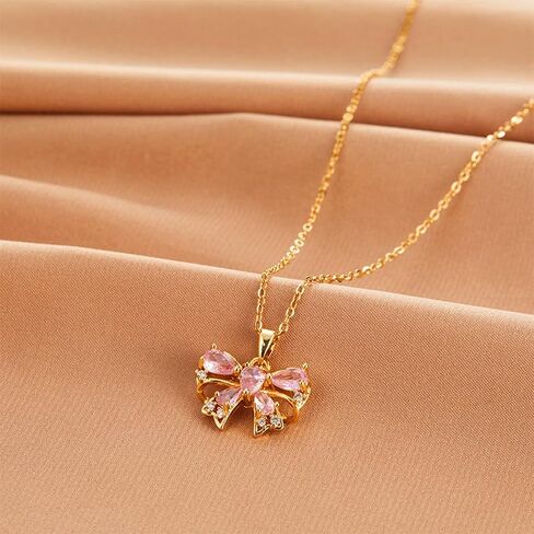 Cute Bow Necklace for Women Shiny Cubic Zirconia Bowknot Necklace Pendant Dainty Lovely Bow Knot Choker Necklace Christmas Jewelry Gift in Saudi Arabia