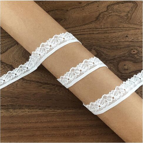 5/8 inch White lace Ribbon, Elastic Narrow lace Trim, White Floral lace for DIY Sewing Projects, Vintage lace for Wedding Decor, Bouquet Wrapping，hairbow, etc. in Kuwait