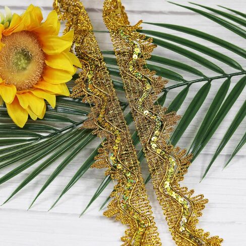 Length 14 Yards，Width 1.57 Inch, Gold Colors Sequins Lace Trim Craft Ribbon Decorated Gimp Trim for Performance Costumes or Jewelry, Crafts and Sewing. in Saudi Arabia