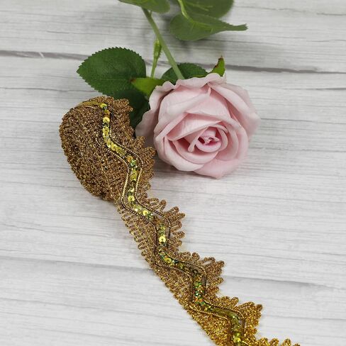 Length 14 Yards，Width 1.57 Inch, Gold Colors Sequins Lace Trim Craft Ribbon Decorated Gimp Trim for Performance Costumes or Jewelry, Crafts and Sewing. in Saudi Arabia