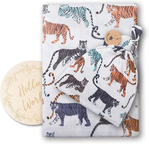 Miaoberry 100% Organic Cotton Muslin Swaddle Blanket|Boho Vintage Sunflower|Earth Tone Yellow Green| Hospital Receiving Blankets Baby Girl|Matching hat Wooden Birth Announcement Card in Kuwait
