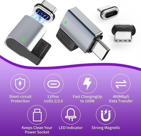 240W 90 Degree Magnetic USB C Adapter with 4 Connector Tips USB-C Adapter, Magnetic USB C Extender, USB4 40Gbps 8K 60Hz Compatible with Thunderbolt 3/4 MacBook Pro/Air 1adapters, 2 Plugs in Kuwait