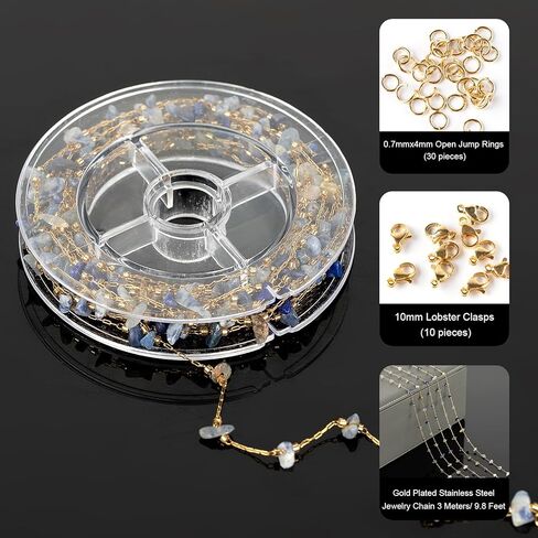 YOUBEIYEE 9.8 Feet Natural Raw Healing Stone Chains Bulk Gold Plated Stainless Steel Chain for Jewelry Making Paperclip Chain Roll with Lobster Clasps and Jump Rings for Bracelet Necklace DIY in Kuwait