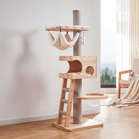 63-inch Modern Cat Tree, Luxury Cat Tower with Scratching Post, Unique Cat Condo with Hammock, Heavy Duty Kitty Climbing Tree for Indoor Cat, Wooden Kitty House for Small Medium Large Cats in Saudi Arabia
