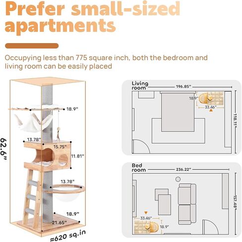 63-inch Modern Cat Tree, Luxury Cat Tower with Scratching Post, Unique Cat Condo with Hammock, Heavy Duty Kitty Climbing Tree for Indoor Cat, Wooden Kitty House for Small Medium Large Cats in Saudi Arabia