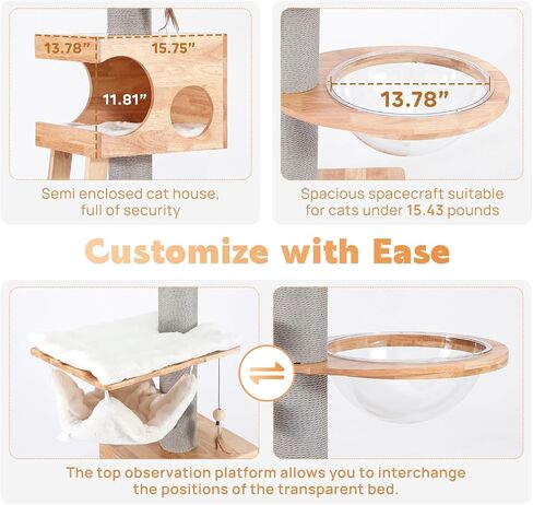 63-inch Modern Cat Tree, Luxury Cat Tower with Scratching Post, Unique Cat Condo with Hammock, Heavy Duty Kitty Climbing Tree for Indoor Cat, Wooden Kitty House for Small Medium Large Cats in Saudi Arabia