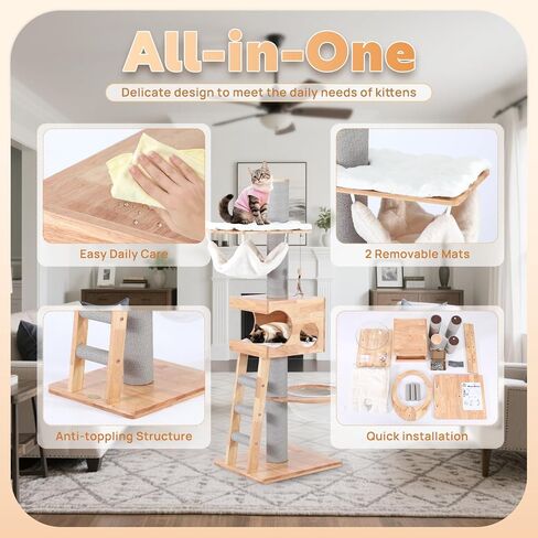 63-inch Modern Cat Tree, Luxury Cat Tower with Scratching Post, Unique Cat Condo with Hammock, Heavy Duty Kitty Climbing Tree for Indoor Cat, Wooden Kitty House for Small Medium Large Cats in Saudi Arabia